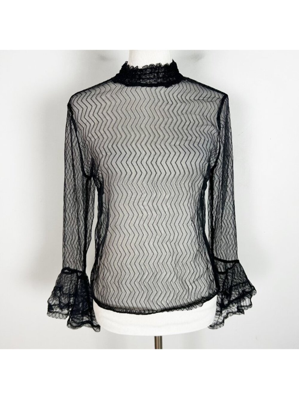 Women's Black Whimsigoth Sheer Long Sleeve Top Ruffle Bell Sleeve Size Small